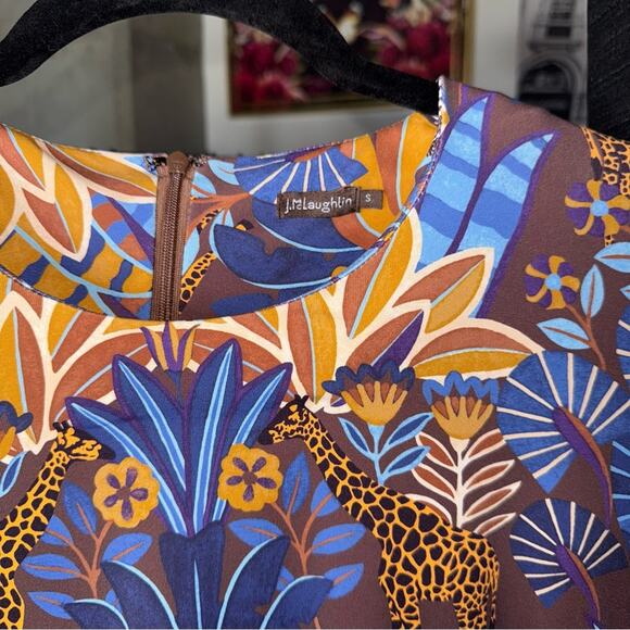 J. McLaughlin Sophia Safari Print Dress Brown Blue Gold - Picture 5 of 9